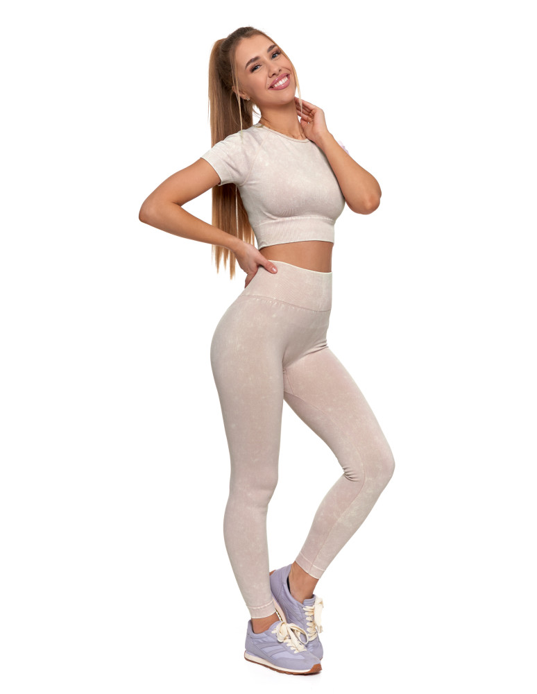 Legginsy - Legginsy damskie bezszwowe z wysokim stanem sportowe BEŻOWY - produkt moraj.pl 7