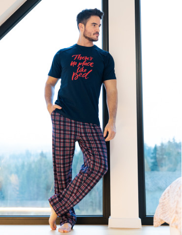 Krótki rękaw - Piżama męska bawełniana z krótkim rękawem w kratkę Plus Size CZARNY - produkt 2