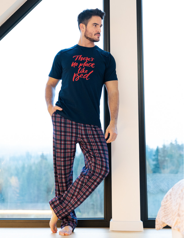 Krótki rękaw - Piżama męska bawełniana z krótkim rękawem w kratkę Plus Size CZARNY - produkt moraj.pl 2