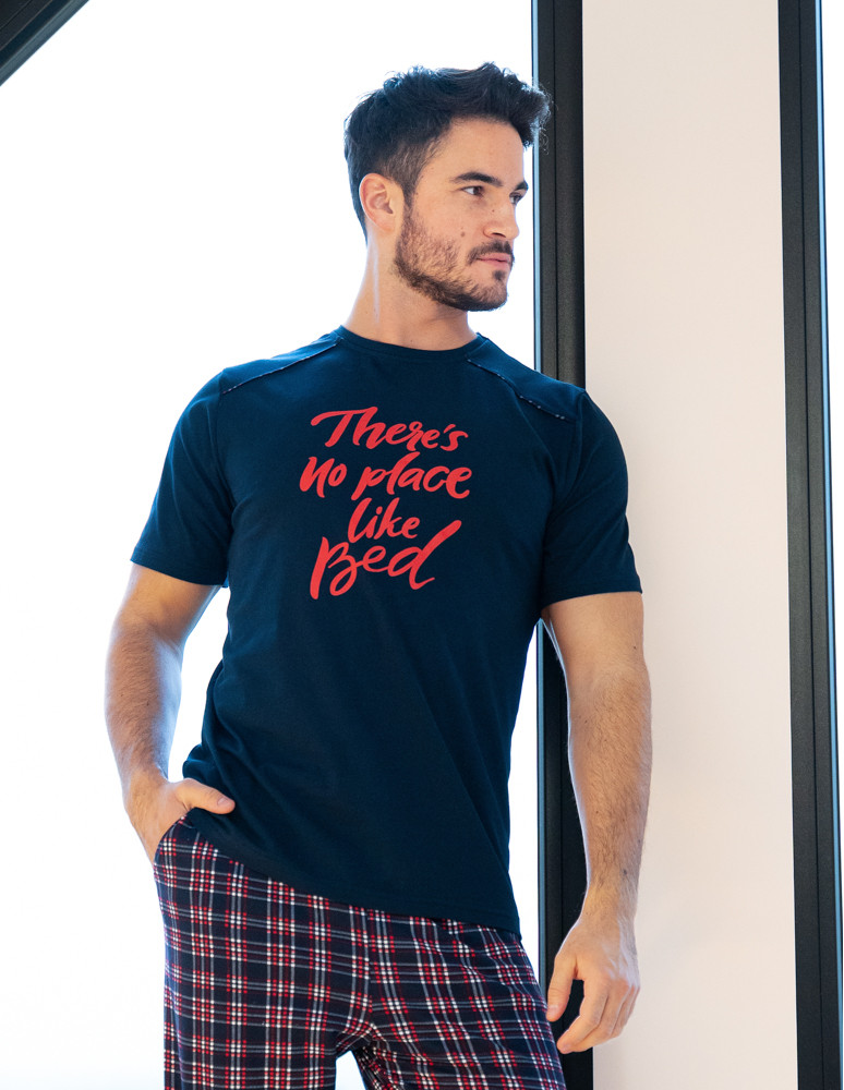 Krótki rękaw - Piżama męska bawełniana z krótkim rękawem w kratkę Plus Size CZARNY - produkt moraj.pl 3
