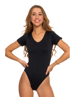 Body damskie prążkowane z krótkim rękawem i dekoltem V