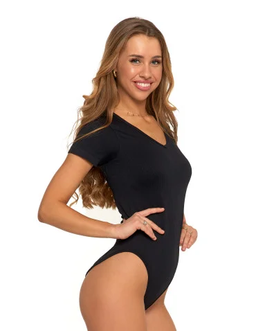 Body damskie prążkowane z krótkim rękawem i dekoltem V - CZARNY - produkt 2