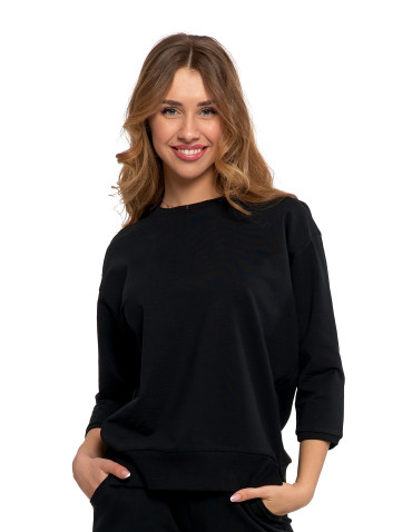 Bluzy - Bluza dresowa damska z rękawem 3/4 i rozcięciem po bokach CZARNY - produkt 1