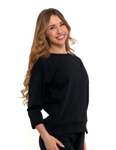 Bluzy - Bluza dresowa damska z rękawem 3/4 i rozcięciem po bokach CZARNY - produkt 6