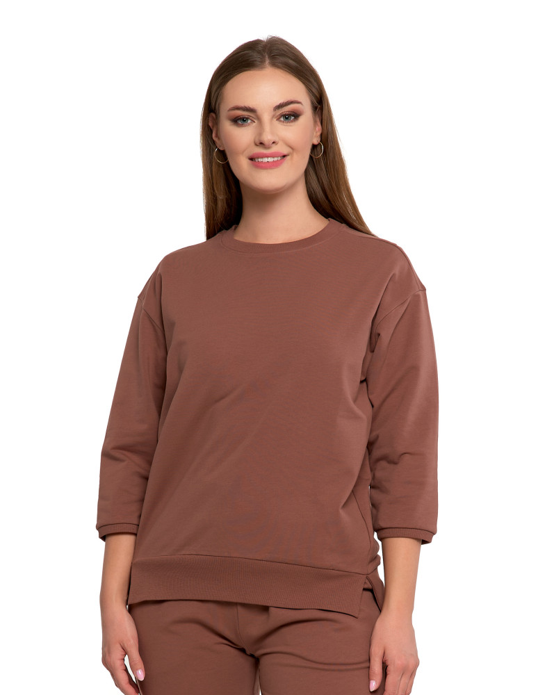 Bluzy - Bluza dresowa damska z rękawem 3/4 i rozcięciem po bokach BRĄZOWY - produkt moraj.pl 1