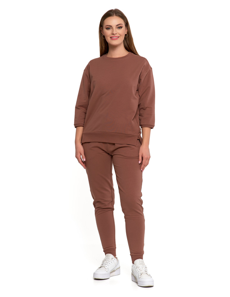 Bluzy - Bluza dresowa damska z rękawem 3/4 i rozcięciem po bokach BRĄZOWY - produkt moraj.pl 7