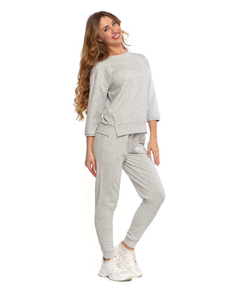 Bluzy - Bluza dresowa damska z rękawem 3/4 i rozcięciem po bokach JASNY SZARY - produkt moraj.pl 10