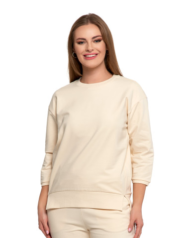 Bluzy - Bluza dresowa damska z rękawem 3/4 i rozcięciem po bokach KREMOWY - produkt 1