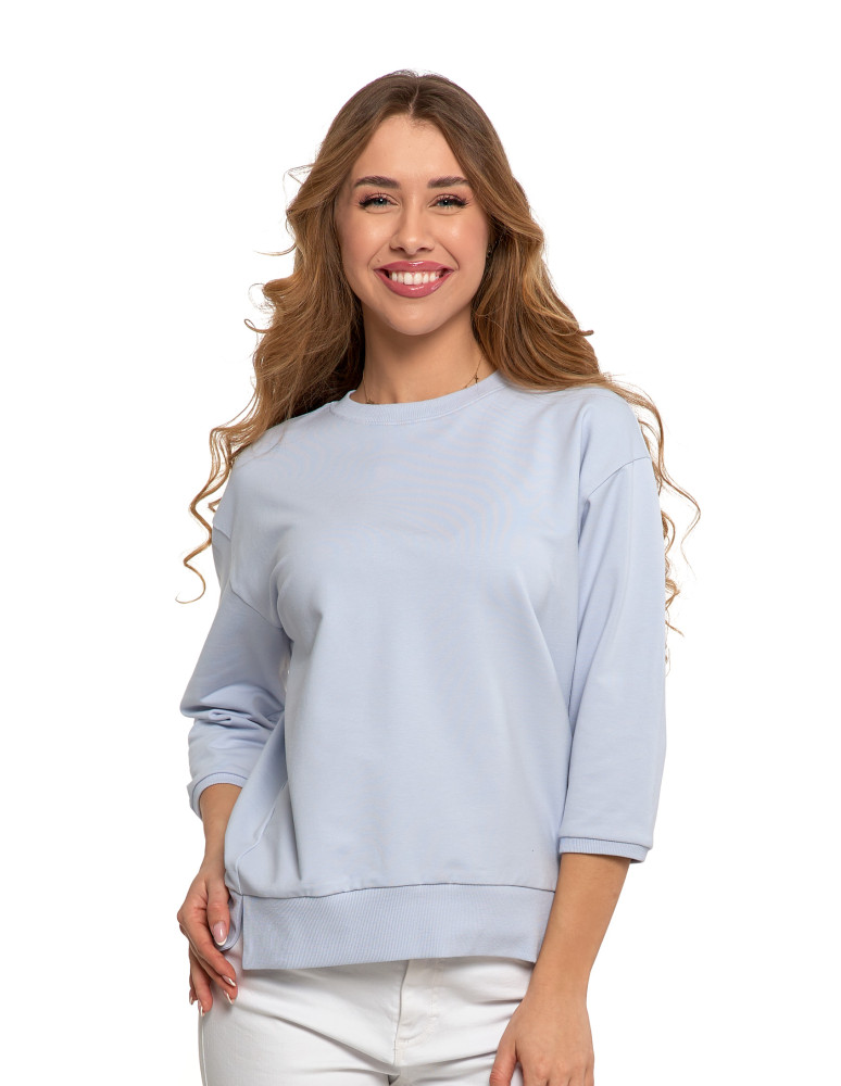 Bluzy - Bluza dresowa damska z rękawem 3/4 i rozcięciem po bokach JASNY NIEBIESKI - produkt moraj.pl 1