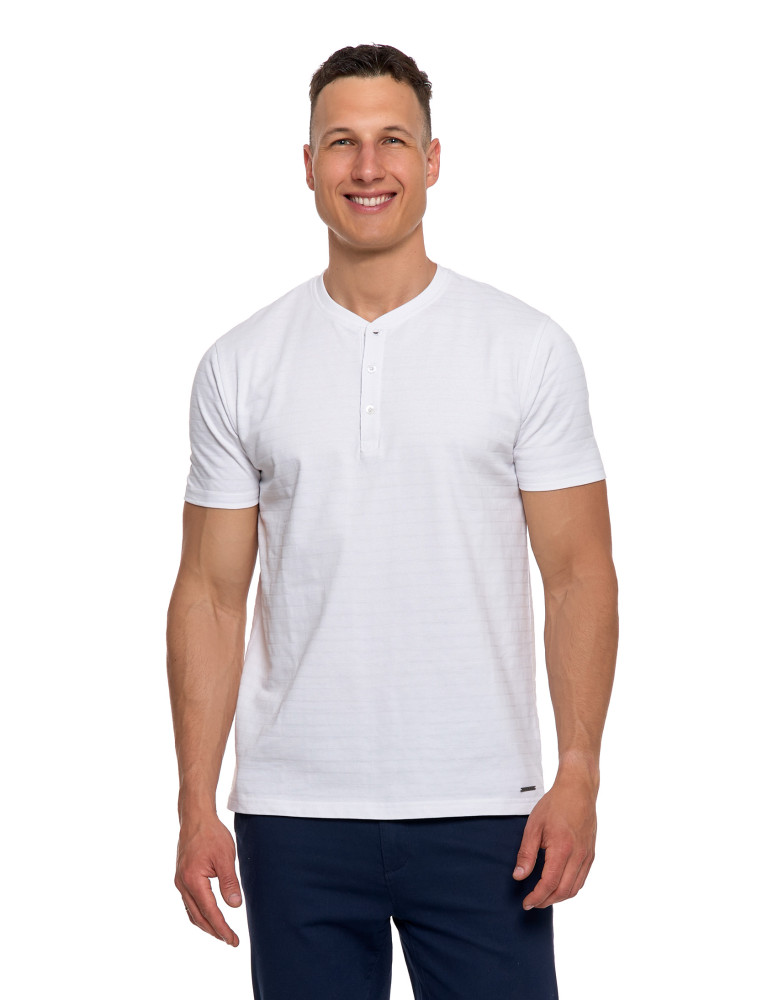 Koszulki, topy, koszule - T-shirt męski bawełniany z dekoltem henley BIAŁY - produkt moraj.pl 1