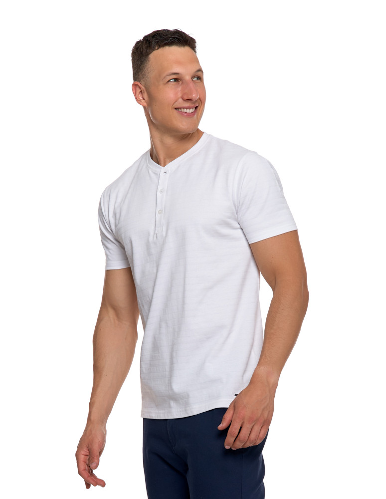 Koszulki, topy, koszule - T-shirt męski bawełniany z dekoltem henley BIAŁY - produkt moraj.pl 4