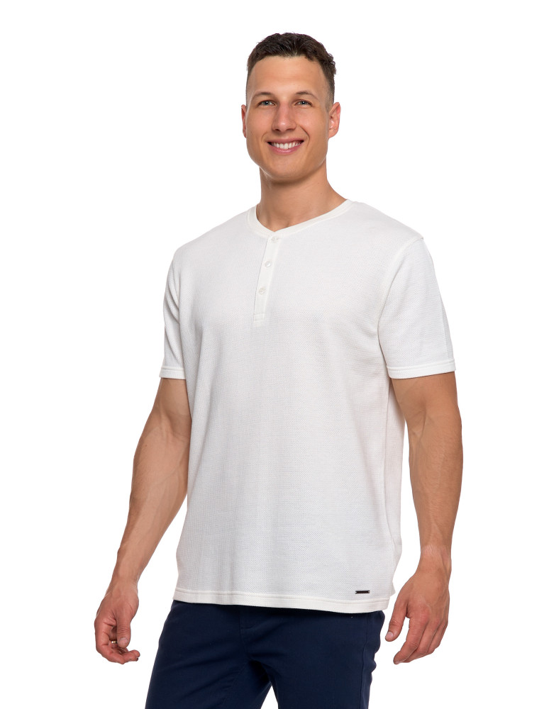 Koszulki, topy, koszule - T-shirt męski bawełniany o strukturalnym splocie typu waffle KREMOWY - produkt moraj.pl 1