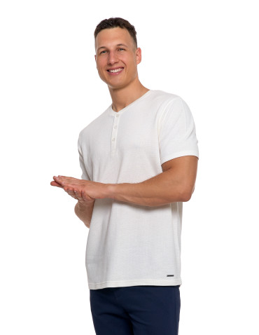 Koszulki, topy, koszule - T-shirt męski bawełniany o strukturalnym splocie typu waffle KREMOWY - produkt 4