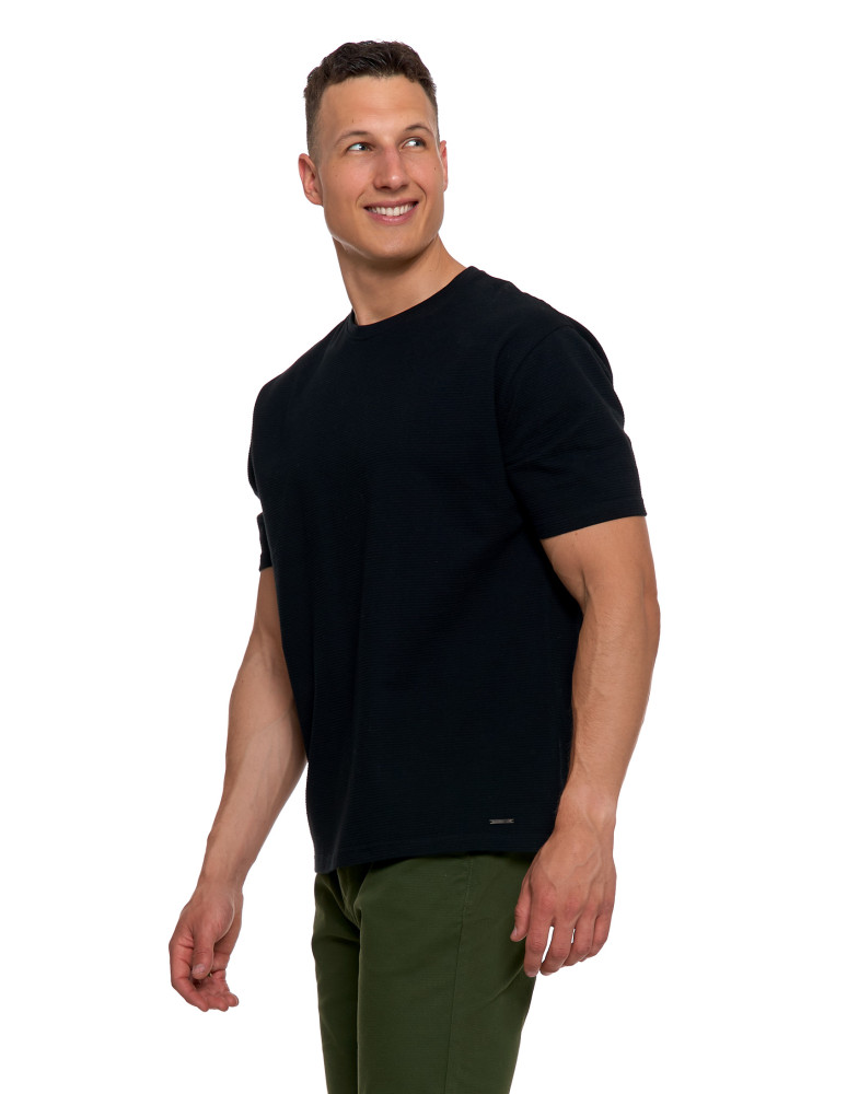 Koszulki, topy, koszule - T-shirt męski 100% bawełniany z prążkowaną strukturą CZARNY - produkt moraj.pl 4