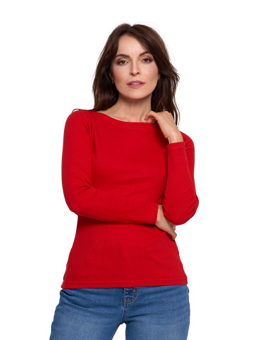 Bluzki i koszule - Bluzka damska bawełniana w prążek longsleeve CZERWONY - produkt 1
