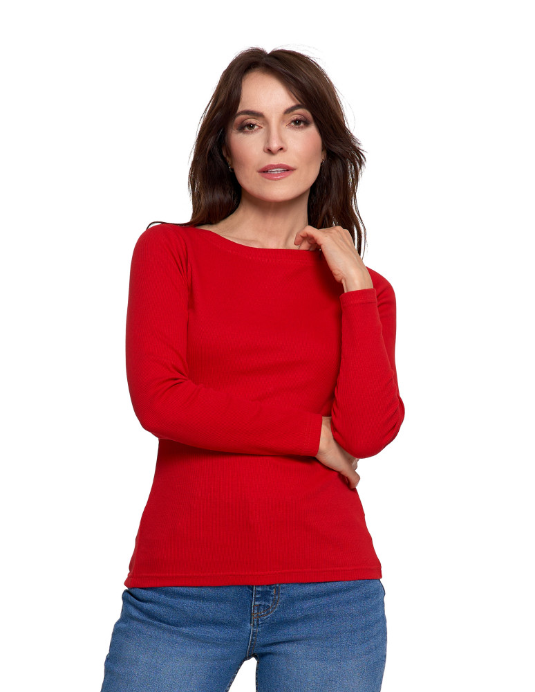 Bluzki i koszule - Bluzka damska bawełniana w prążek longsleeve CZERWONY - produkt moraj.pl 1