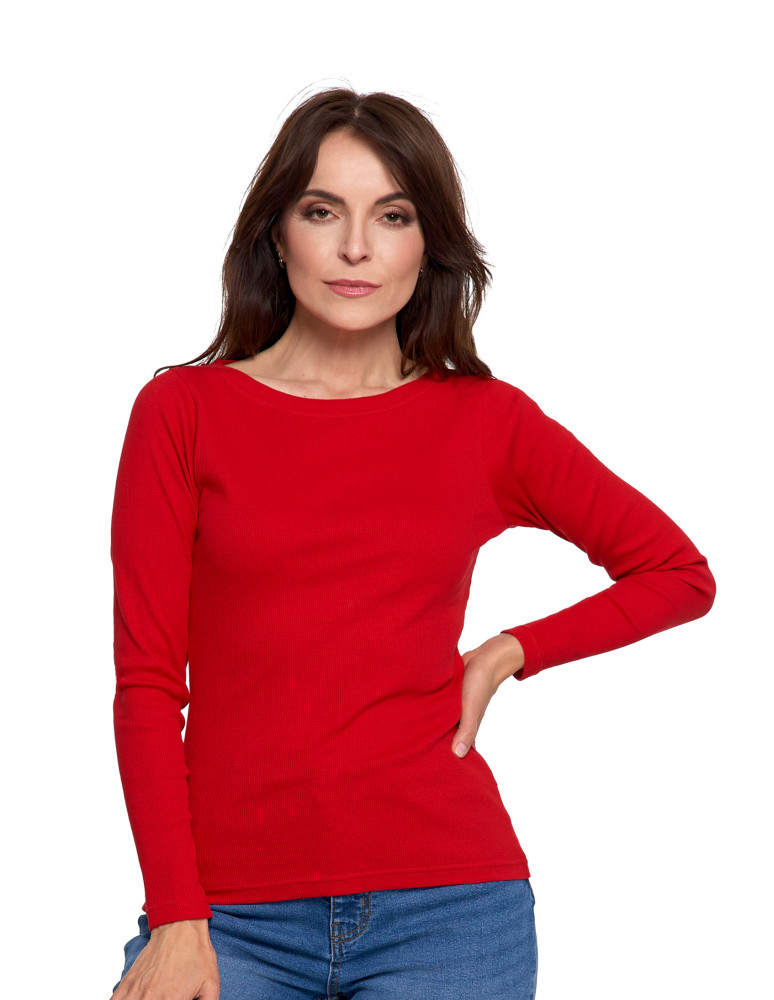 Bluzki i koszule - Bluzka damska bawełniana w prążek longsleeve CZERWONY - produkt moraj.pl 5