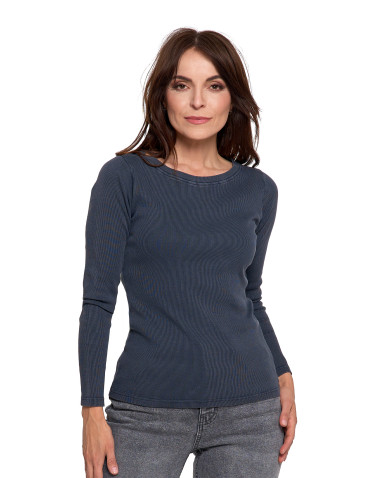 Bluzki i koszule - Bluzka damska bawełniana w prążek longsleeve GRAFITOWY - produkt 1