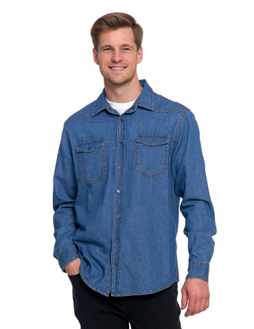 Koszulki, topy, koszule - Koszula męska jeansowa denim klasyczna NIEBIESKI - produkt 1