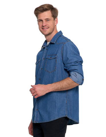 Koszulki, topy, koszule - Koszula męska jeansowa denim klasyczna NIEBIESKI - produkt 3
