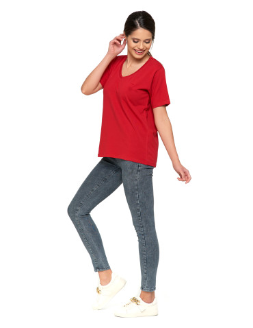 Koszulki i topy - Koszulka damska bawełna Premium T-shirt dekolt w serek CZERWONY - produkt 10