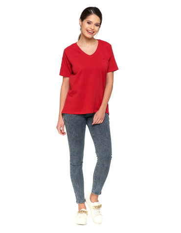 Koszulki i topy - Koszulka damska bawełna Premium T-shirt dekolt w serek CZERWONY - produkt 5