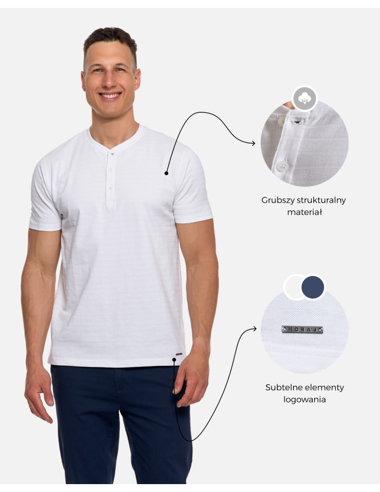 Koszulki, topy, koszule - T-shirt męski bawełniany z dekoltem henley BIAŁY - produkt moraj.pl 2