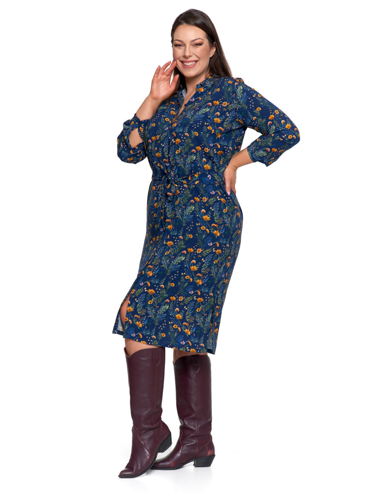 Sukienki - Sukienka damska midi koszulowa z wiskozy GRANATOWY - produkt moraj.pl 9