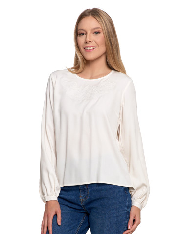Nowości - Bluzka damska z długim rękawem i subtelnym haftem BIAŁY - produkt 7
