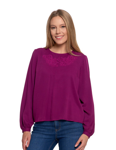 Nowości - Bluzka damska z długim rękawem i subtelnym haftem FIOLETOWY - produkt 3