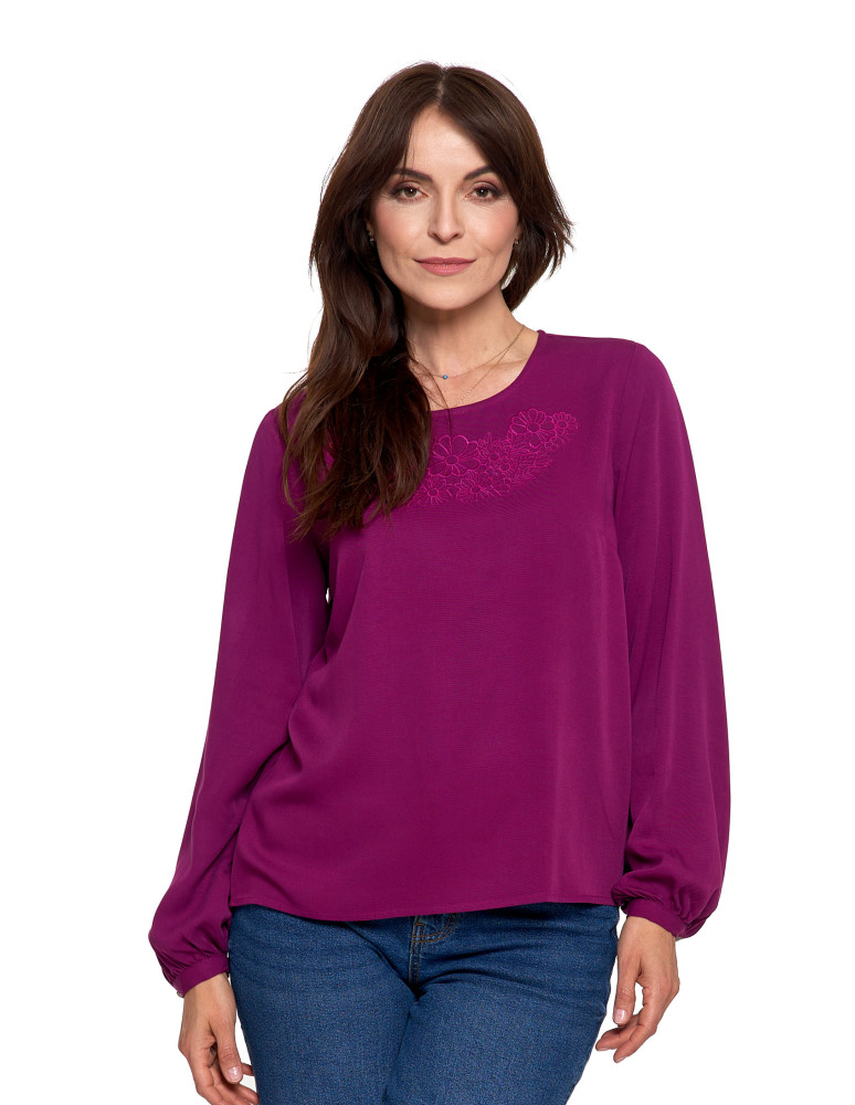 Nowości - Bluzka damska z długim rękawem i subtelnym haftem FIOLETOWY  - produkt moraj.pl 19