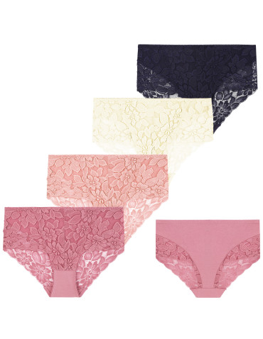 Figi - Damskie majtki figi z wysokim stanem i koronką bawełna 4-pak WIELOKOLOROWY 1 - produkt 1
