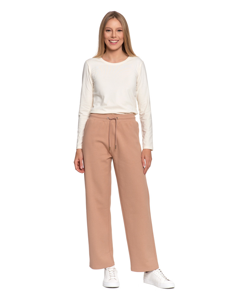 Spodnie - Damskie spodnie dresowe ocieplane z wysokim stanem BEŻOWY - produkt moraj.pl 2