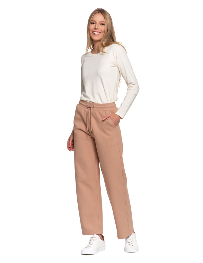 Spodnie - Damskie spodnie dresowe ocieplane z wysokim stanem BEŻOWY - produkt moraj.pl 3