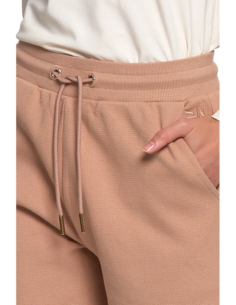 Spodnie - Damskie spodnie dresowe ocieplane z wysokim stanem BEŻOWY - produkt moraj.pl 4