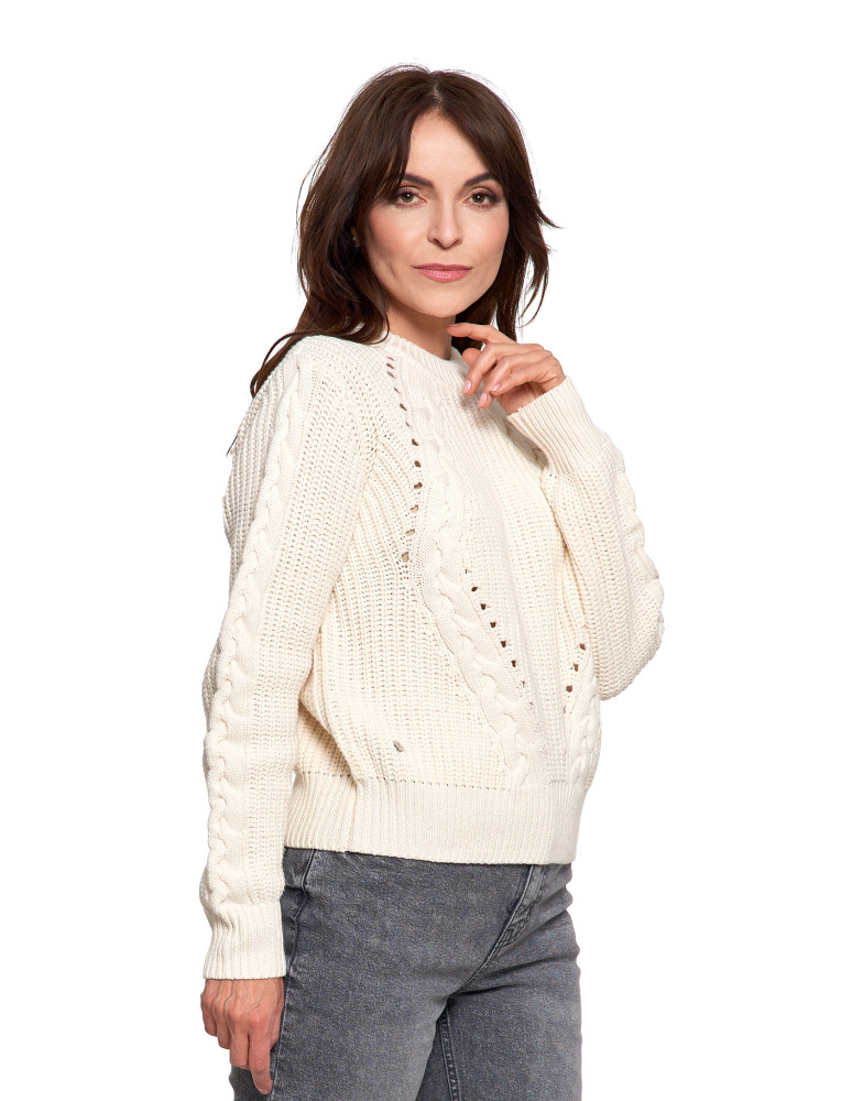 Swetry - Sweter damski z warkoczowym splotem BIAŁY - produkt moraj.pl 2