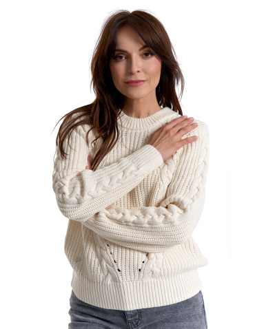 Swetry - Sweter damski z warkoczowym splotem BIAŁY - produkt 6