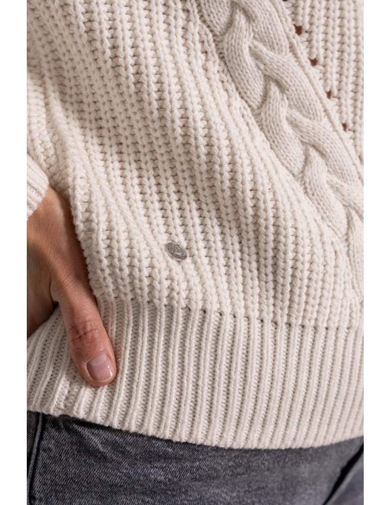 Swetry - Sweter damski z warkoczowym splotem BIAŁY - produkt moraj.pl 10