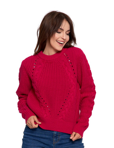 Swetry - Sweter damski z warkoczowym splotem RÓŻOWY - produkt 1