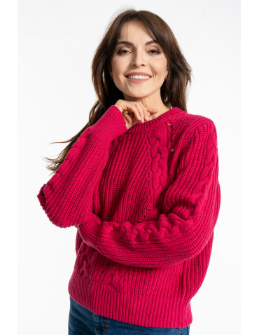 Swetry - Sweter damski z warkoczowym splotem RÓŻOWY - produkt 2