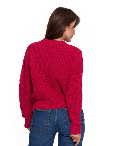 Swetry - Sweter damski z warkoczowym splotem RÓŻOWY - produkt 3