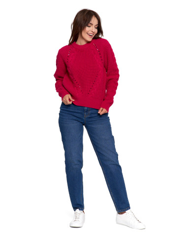 Swetry - Sweter damski z warkoczowym splotem RÓŻOWY - produkt 5