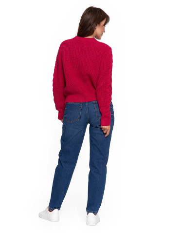 Swetry - Sweter damski z warkoczowym splotem RÓŻOWY - produkt 9