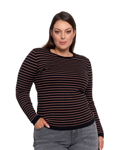 Swetry - Sweter damski z wiskozy w paski i okrągłym dekoltem CZARNY - produkt 11