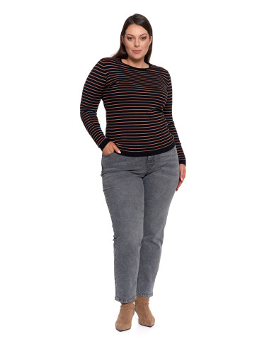 Swetry - Sweter damski z wiskozy w paski i okrągłym dekoltem CZARNY - produkt 12