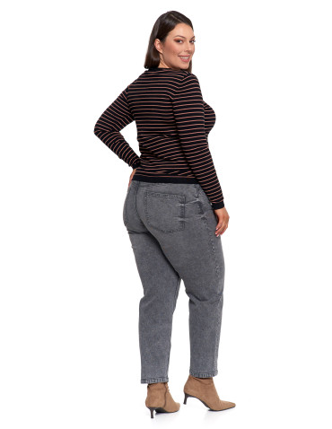 Swetry - Sweter damski z wiskozy w paski i okrągłym dekoltem CZARNY - produkt 14