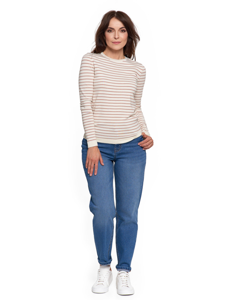 Swetry - Sweter damski z wiskozy w paski i okrągłym dekoltem BIAŁY  - produkt moraj.pl 5