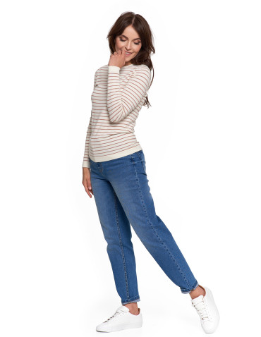 Swetry - Sweter damski z wiskozy w paski i okrągłym dekoltem BIAŁY - produkt 6