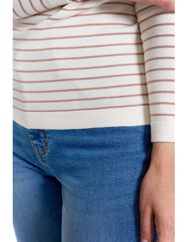 Swetry - Sweter damski z wiskozy w paski i okrągłym dekoltem BIAŁY - produkt 8