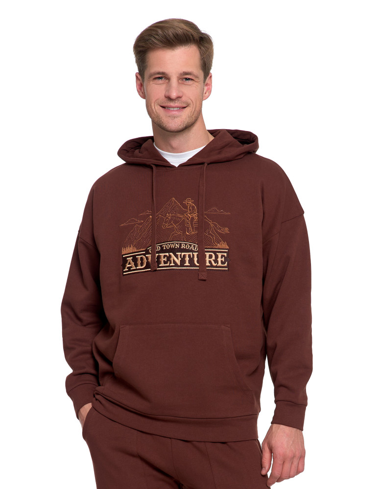 Bluzy - Męska bluza dresowa z kapturem i haftem ocieplana BRĄZOWY - produkt moraj.pl 2